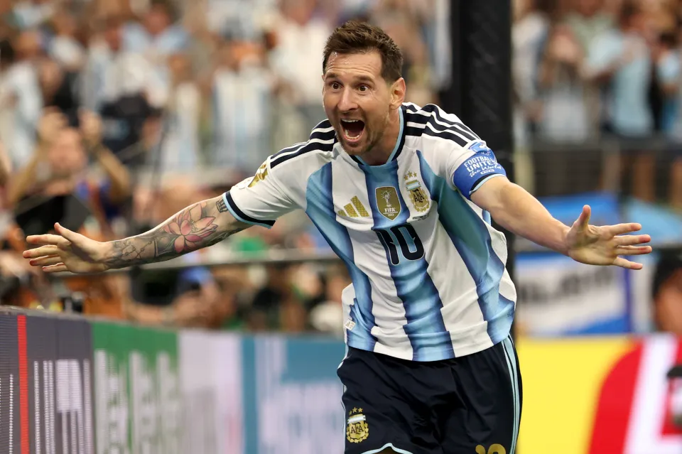 Lionel Messi celebrates after scoring for Argentina against Austria
