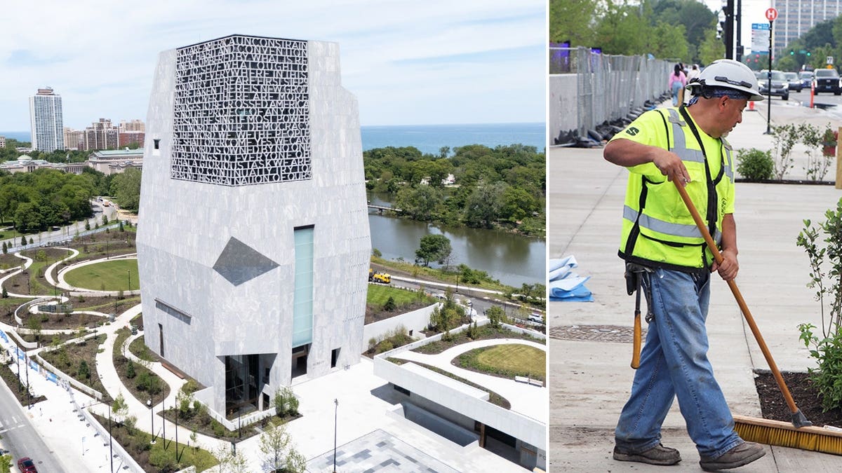 Split image showing the Obama Presidential Center in Chicago and a construction worker on the project.