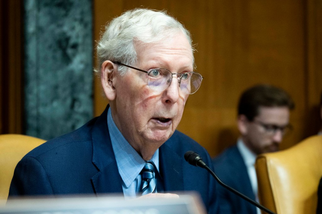 U.S. Senator Mitch McConnell speaking at a Senate Appropriations Committee hearing.