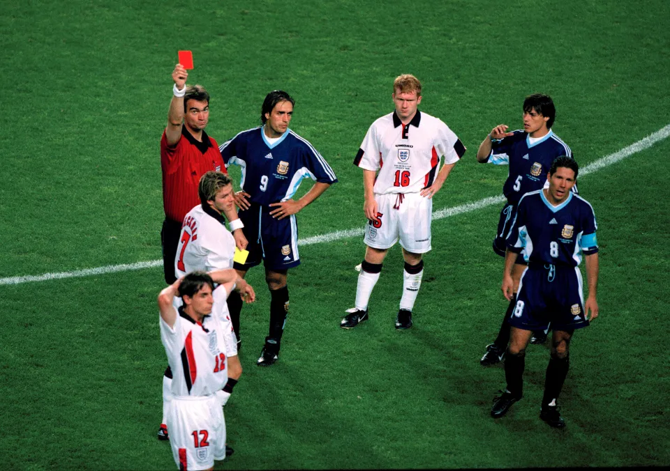 David Beckham is sent off for England at the 1998 World Cup.