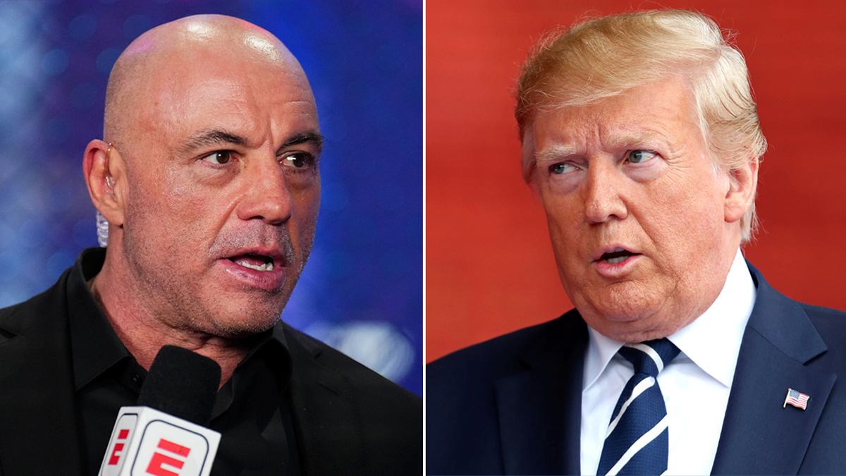 Podcaster Joe Rogan speaking and President Donald Trump in separate images