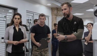 Moafi with Shawn Hatosy (center) and Noah Wyle, who star as Drs. Jack Abbot and Michael Robby Robinavitch.