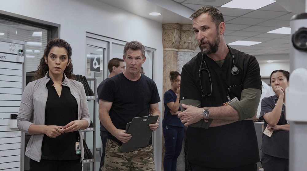Moafi with Shawn Hatosy (center) and Noah Wyle, who star as Drs. Jack Abbot and Michael Robby Robinavitch.