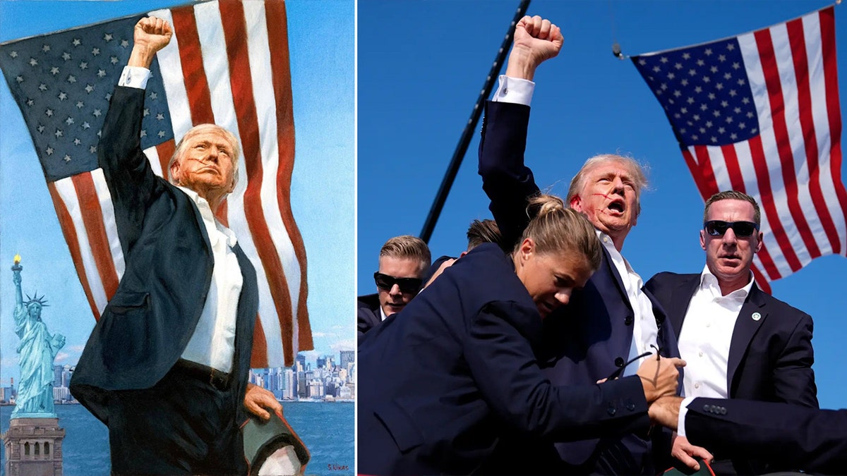 split photo of the real photo and painting of donald trump holding fist in air