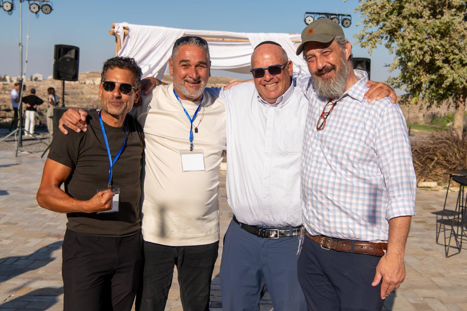 (From left) Joseph Waks, founder and CEO of Hayeladim Shelanu; Itzik Gvili, the father of fallen soldier Ran Gvili; businessman and philanthropist Shimmy Klein; and Mendy Katz, father of lone soldier Moshe Katz who fell in Lebanon at the Hayeladim Shelanu event at the Psagot Winery, July 9, 2026. Photo by Michael Katz.