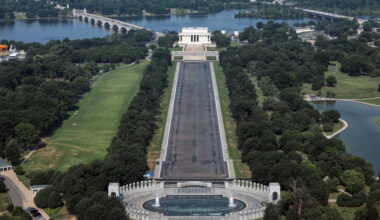 Drained Reflecting Pool reveals faded liner after renovation