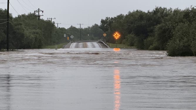 Floodwaters inundate Uvalde, Texas, on Thursday, July 16, 2026.