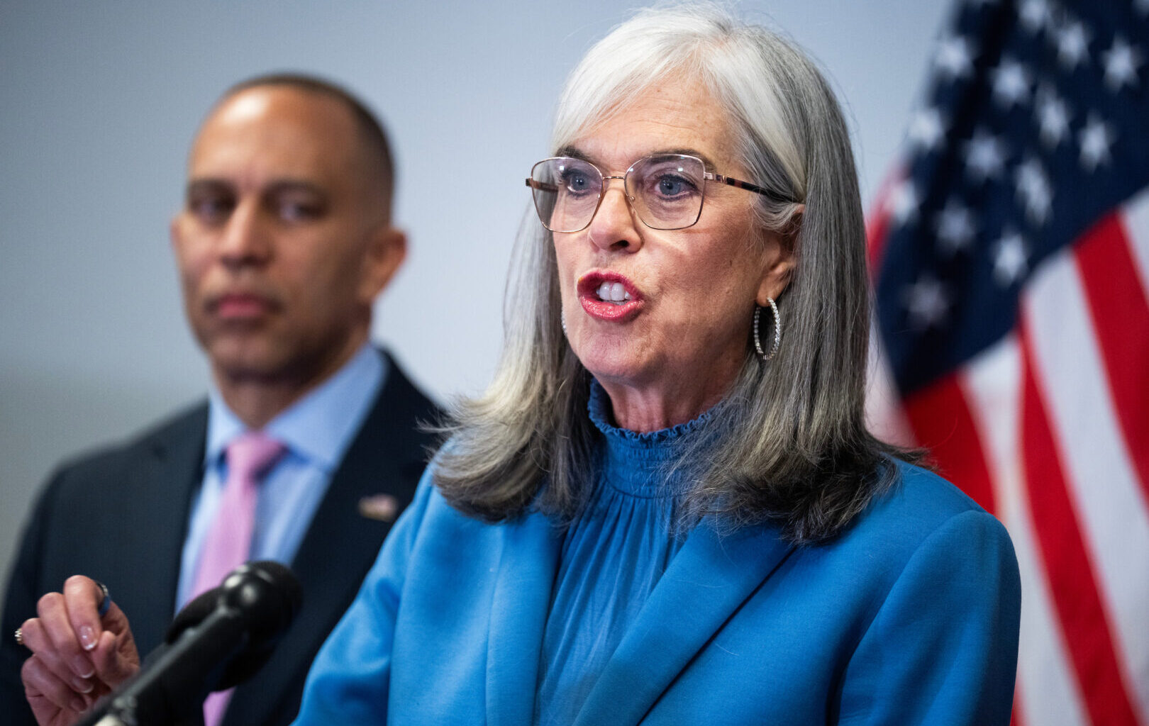 House Minority Whip Katherine M. Clark, D-Mass., and House Minority Leader Hakeem Jeffries, D-N.Y., conduct a news conference on April 22. The two differed on an amendment that would zero out aid to Israel.