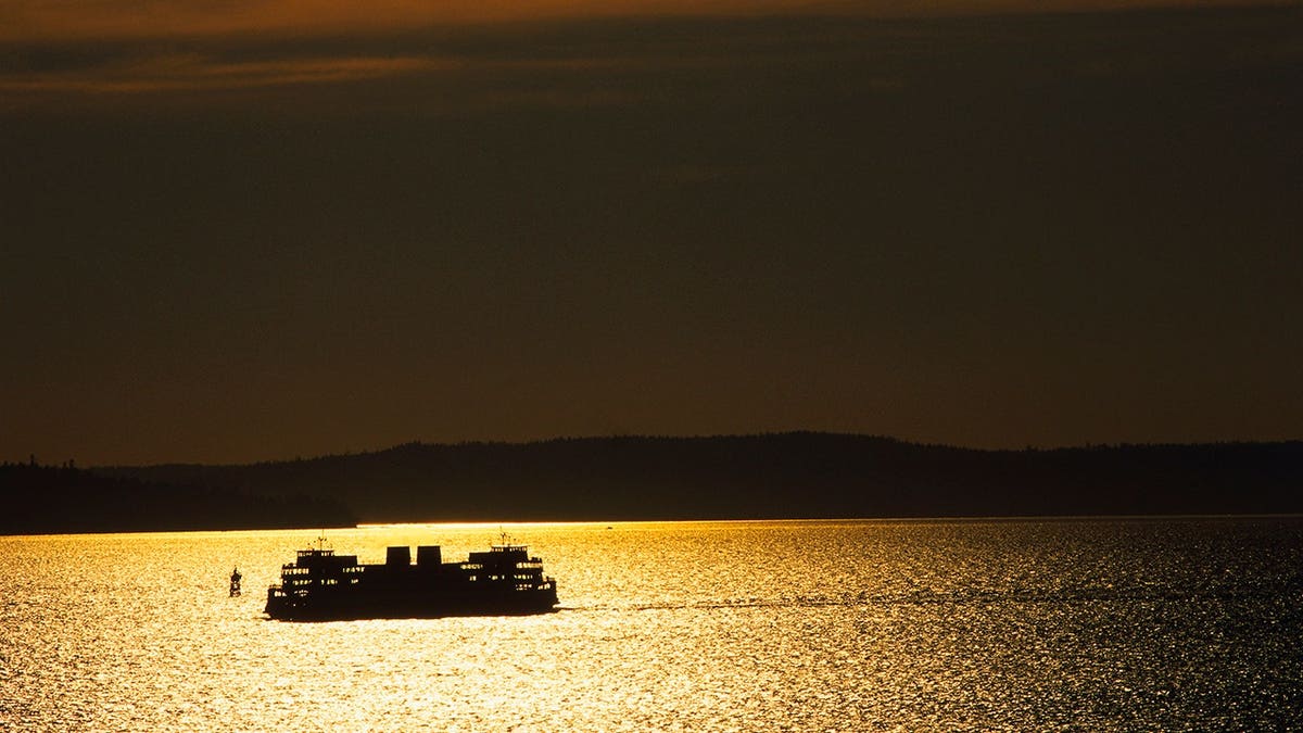 Washington State ferry crosses Puget Sound toward Seattle.