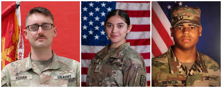 U.S. ARMY/HANDOUT VIA REUTERS
                                A combination picture shows U.S. Army 1st Lt. Tyler James Feehan (left), Pvt. Isabella Gonzales (center), and U.S. Army Space and Missile Defense Command soldier Sgt. Michael Emmanuel Swinton (right), who were killed in Iranian attacks in July, in these handout pictures released by the U.S. Army.