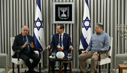 Shin Bet Chief David Zini, Israeli President Isaac Herzog and Supreme Court Deputy President Noam Sohlberg,. Credit: Chaim Tzach/GPO Shin Bet Chief David Zini, Israeli President Isaac Herzog and Supreme Court Deputy President Noam Sohlberg,