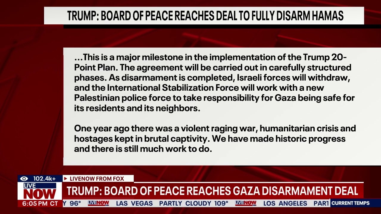 Board of Peace reaches deal to disarm Hamas, Trump says
