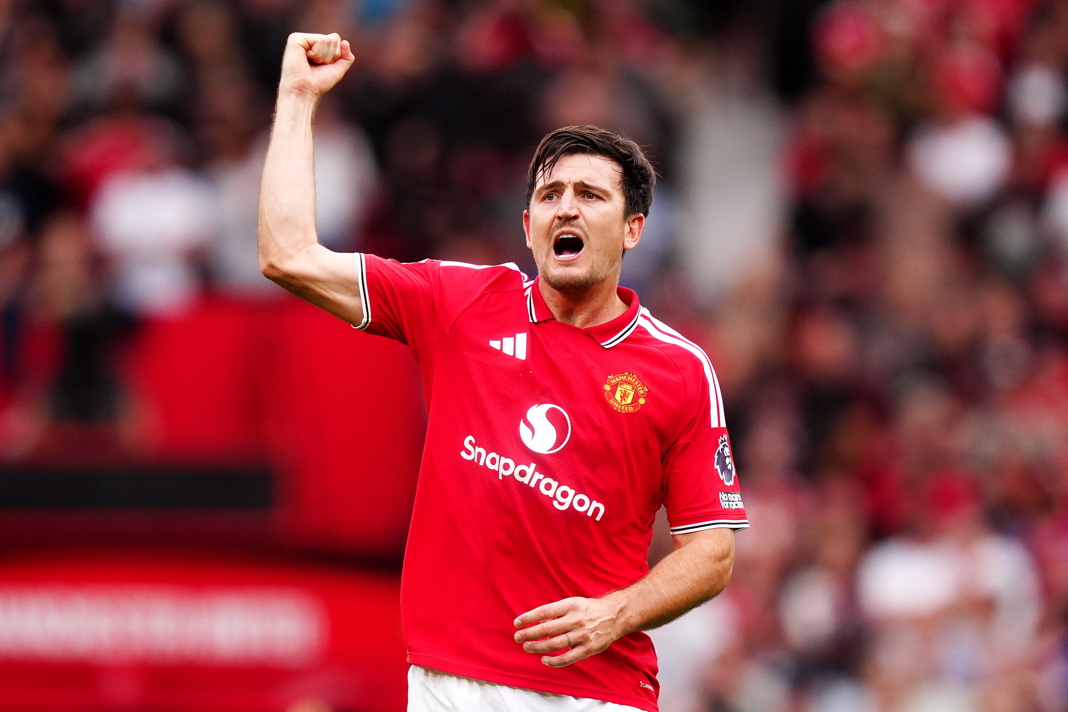 Manchester United's Harry Maguire celebrates after Ipswich Town's Jacob Greaves scores an own goal