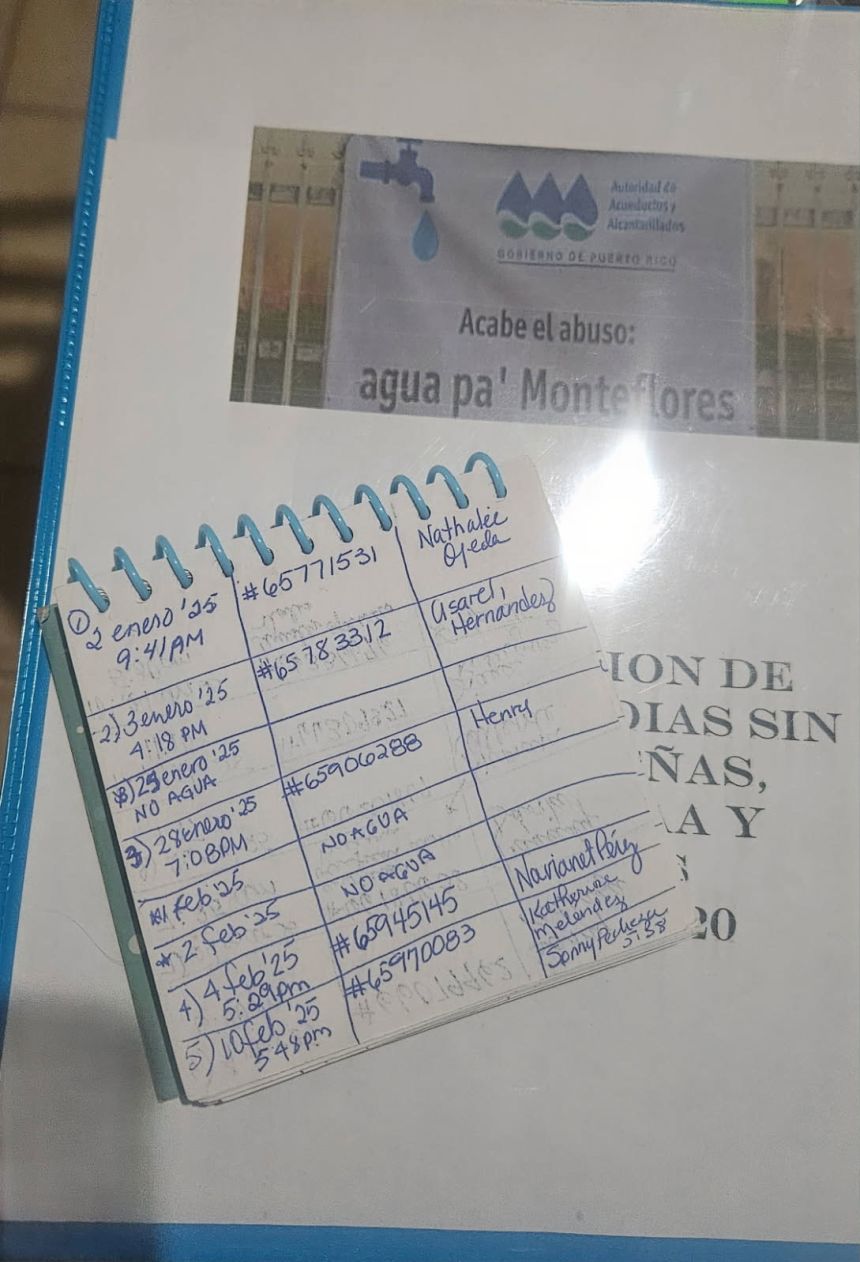 A notepad containing a log of Hilda Rodríguez's complaint calls to the water utility company.