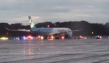 A French bee jet on the tarmac surrounded by emergency vehicles