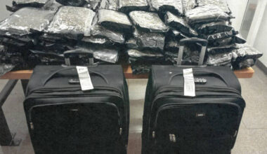 Bags of drugs are piled on a table behind two large wheeled suitcases.