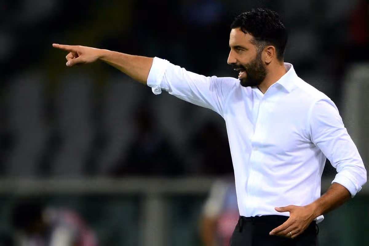 AC Milan's Portuguese coach Ruben Amorim gestures from the touchline during the Italian Serie A football match between Torino FC and AC Milan at the Olympic Stadium Grande Torino in Turin, northern Italy on August 23, 2026. (Photo by Marco Bertorello / AFP via Getty Images)