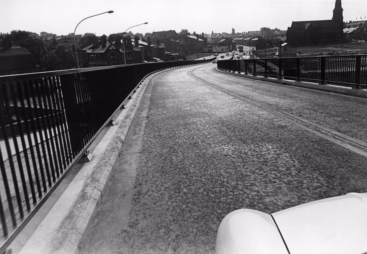 A view on the flyover from the Birkenhead Tunnel for traffic to Heswall and Hoylake, approaching Borough Road. Merseyside. Circa 1971.