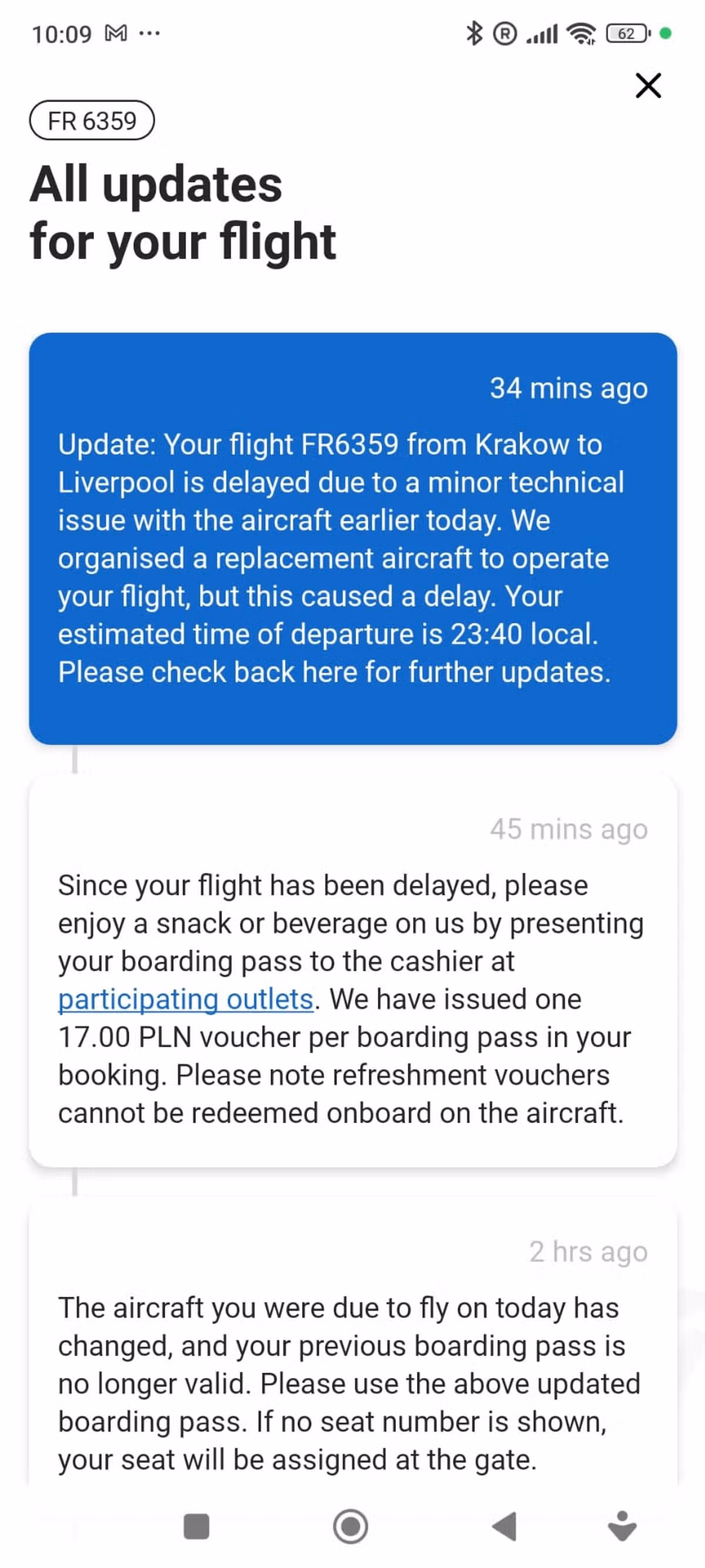Flight updates sent to passengers heading from Krakow to Liverpool
