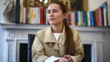 Iryna Terekh, the CEO of Fire Point, a Ukrainian drone and missile firm, poses for a photograph following an interview with AFP in central London on July 22, 2026, on the sidelines of the Farnborough International Airshow 2026.