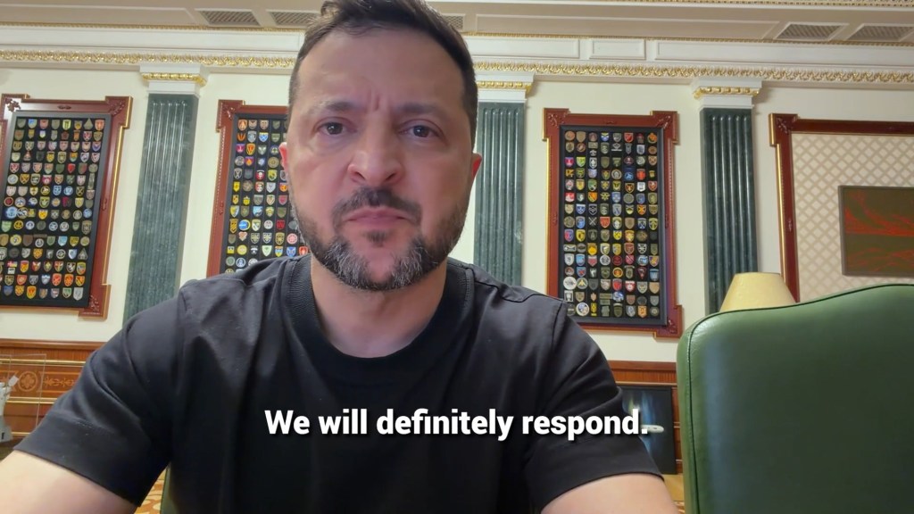 Ukrainian President Zelenskyy in a black T-shirt says, "We will definitely respond."