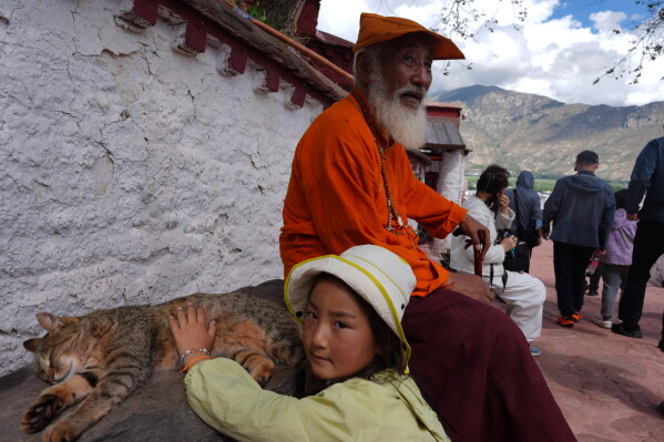 A child pets a cat during a visit to the Potala Palace in Lhasa in western China's Tibet Autonomous Region on Tuesday, July 21, 2026, as seen during a government organized visit for foreign journalists. (AP Photo/Ng Han Guan)