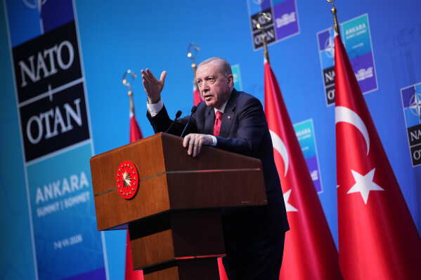 Turkish President Recep Tayyip Erdogan speaks during a media conference at the NATO summit in Ankara, Turkey, Wednesday, July 8, 2026. (AP Photo/Emrah Gurel)