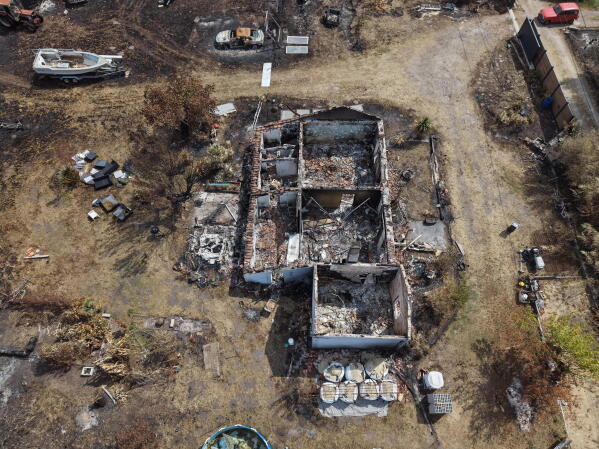 An aerial view of a homes burned by wildfires in Le Porge, southwestern France, Saturday, Aug. 1, 2026. (AP Photo/Nicolas Garriga)