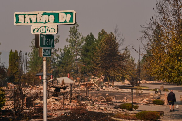 A street sign shows sign of fire damage as a person walks their dog after a wildfire hit the northern part of Spokane, Wash., Monday, Aug. 3, 2026. (AP Photo/Lindsey Wasson)