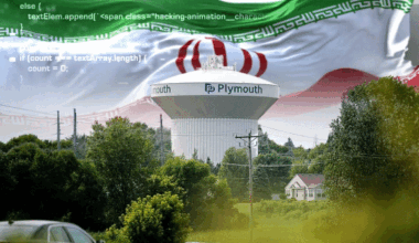 Animated Illustration of plymouth water tower, an iranian flag and some hackers code