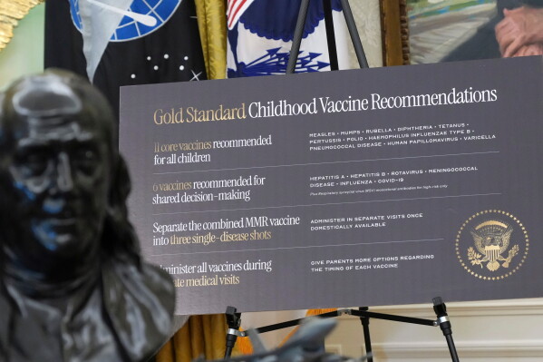 A sign about childhood vaccines is pictured as President Donald Trump speaks during a meeting to sign an executive order, Monday, Aug. 10, 2026, in the Oval Office of the White House in Washington. (AP Photo/Jacquelyn Martin)