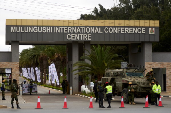 A Zambia's army vehicle is seen parked at the entrance of the Election results centre, in Lusaka, Zambia, Friday, Aug. 14, 2026. (AP Photo/Alfonso Nqunjana)