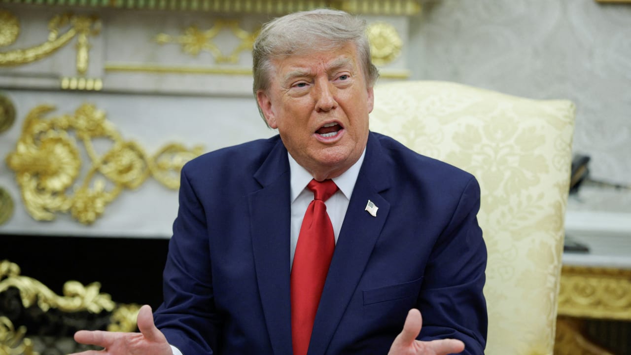 US President Donald Trump gestures as he participates in a bilateral meeting with Iraqi Prime Minister Ali al-Zaidi (not pictured) in the Oval Office at the White House in Washington, DC, US, July 14, 2026