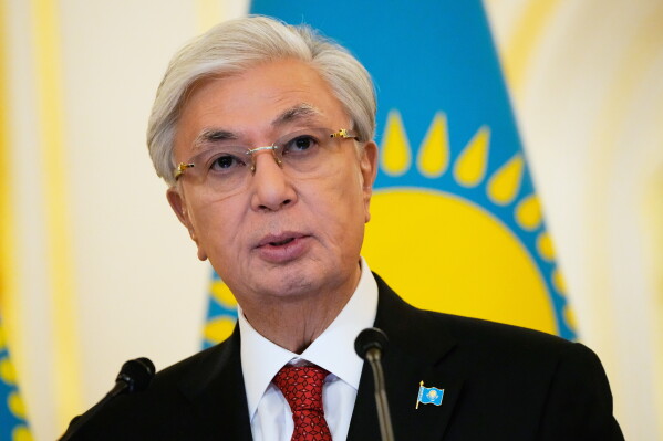 Kazakhstan's President Kassym-Jomart Tokayev addresses the plenary session of the Russia–Kazakhstan Interregional Cooperation Forum in Uralsk, Kazakhstan, via videoconference during a meeting with Russia's President Vladimir Putin at the Grand Kremlin Palace in Moscow, on Nov. 12, 2025. (AP Photo/Alexander Zemlianichenko, File)