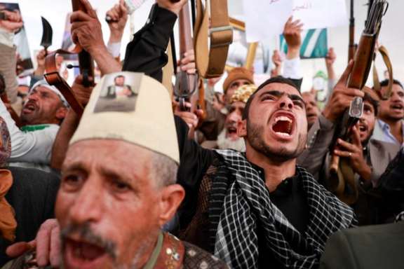 Houthi supporters shout slogans during an anti-Saudi rally amid an escalation with the kingdom, in Sanaa, Yemen, July 31, 2026. 