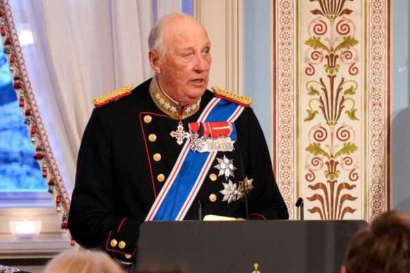 Norway's King Harald gives a speech during a gala dinner at the Palace in connection with the state visit of the Icelandic presidential couple, in Oslo, on April 8, 2025. (Fredrik Varfjell/NTB Scanpix via AP, File)