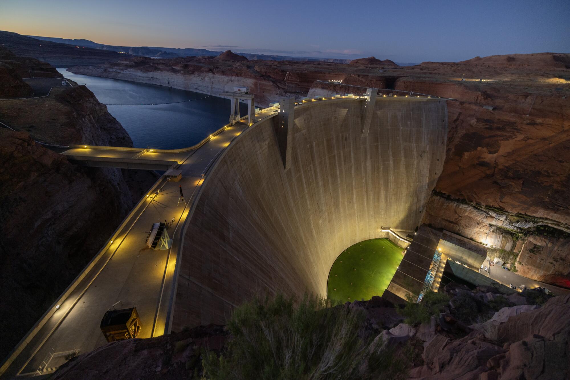 An aerial view of Glen Canyon Dam at Lake Powell.