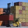 A shipping container is moved at a freight yard in Montreal on Aug. 21, 2026.