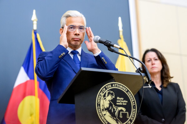 California Attorney General Rob Bonta discusses a lawsuit against Meta during a press conference on Tuesday, Aug. 18, 2026, in Oakland, Calif. At right is New Jersey Attorney General Jennifer Davenport. (AP Photo/Noah Berger)