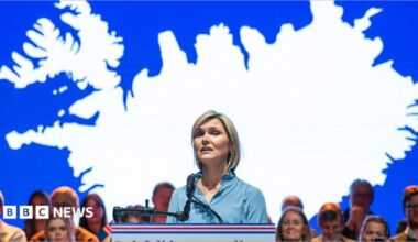 Iceland Prime Minister Kristrun Frostadottir participates in a listening session on the upcoming referendum on August 26, 2026 in Reykjavik, Iceland