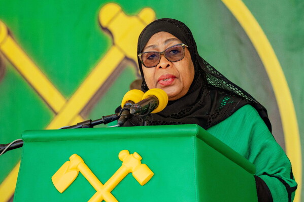 Tanzania's President Samia Suluhu Hassan delivers remarks during a campaign rally ahead of the general elections in Iringa, Tanzania, on Oct. 5, 2025. (AP Photo, File)