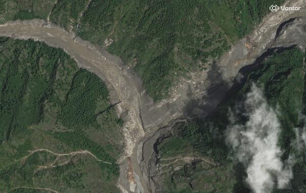 The same border crossing is shown on Aug. 27, 2026, after catastrophic flooding. (Satellite image ©2026 Vantor via AP)