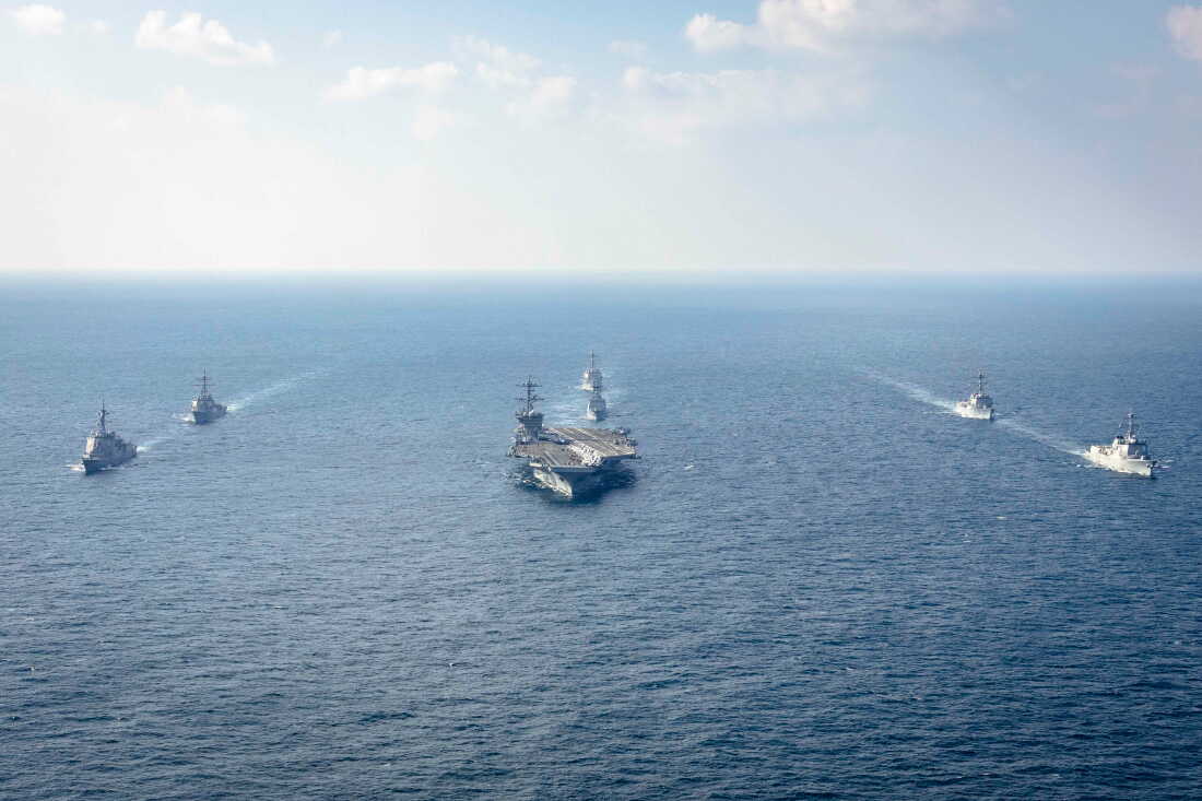 FILE - In this photo provided by South Korea Defense Ministry, warships of South Korea, the United States and Japan including the USS George Washington aircraft carrier, bottom center, take part in the trilateral Freedom Edge exercise in international waters off South Korea's southern island of Jeju, on Nov. 13, 2024.