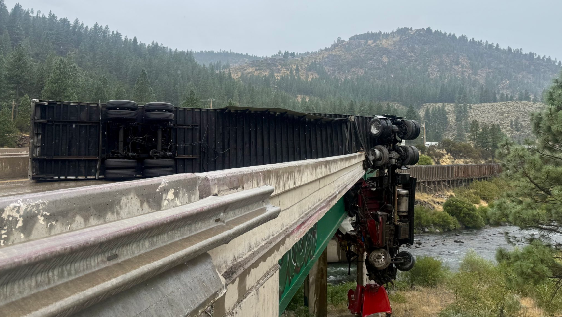 Big rig dangles off bridge on I-80 near the California-Nevada line