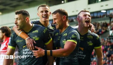 Leeds Rhinos team-mates celebrating Chris Hankinson's try against St Helens