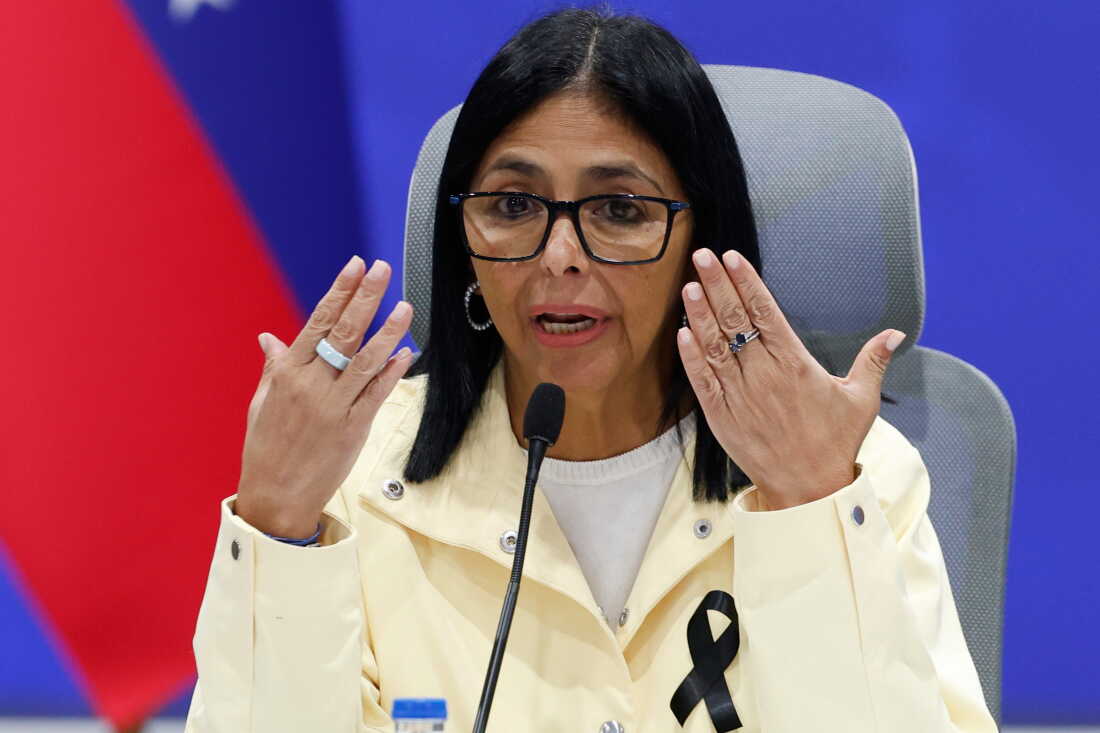 Venezuela's acting President Delcy Rodríguez speaks during a press conference in Caracas, Venezuela, on July 2, 2026.