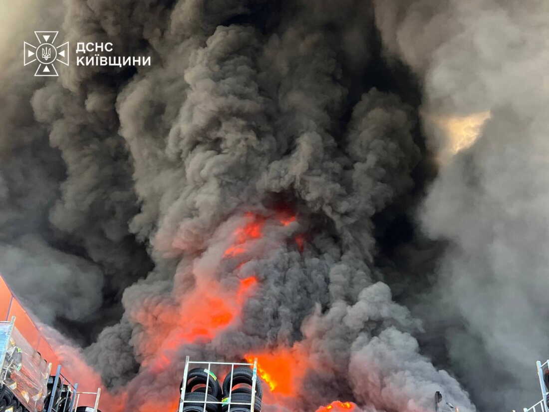In this photo provided by the Ukrainian Emergency Service, firefighters put out a fire in a warehouse following a Russian drone attack near Kyiv, Ukraine on Saturday.