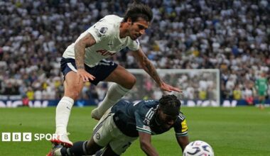 Tottenham's Sandro Tonali challenges Newcastle's Anthony Elanga during their Premier League match at the Tottenham Hotspur Stadium in north London.