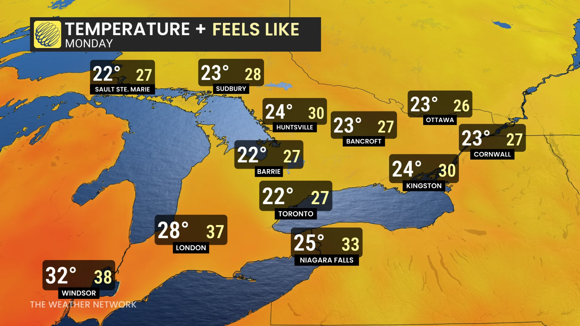 Ontario Monday temperatures and feels-like values