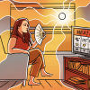 An illustration of a woman sitting inside, fanning herself, as she watches a heat advisory on TV. Behind her, the sun's rays glow through the window and suffuse the room with heat.